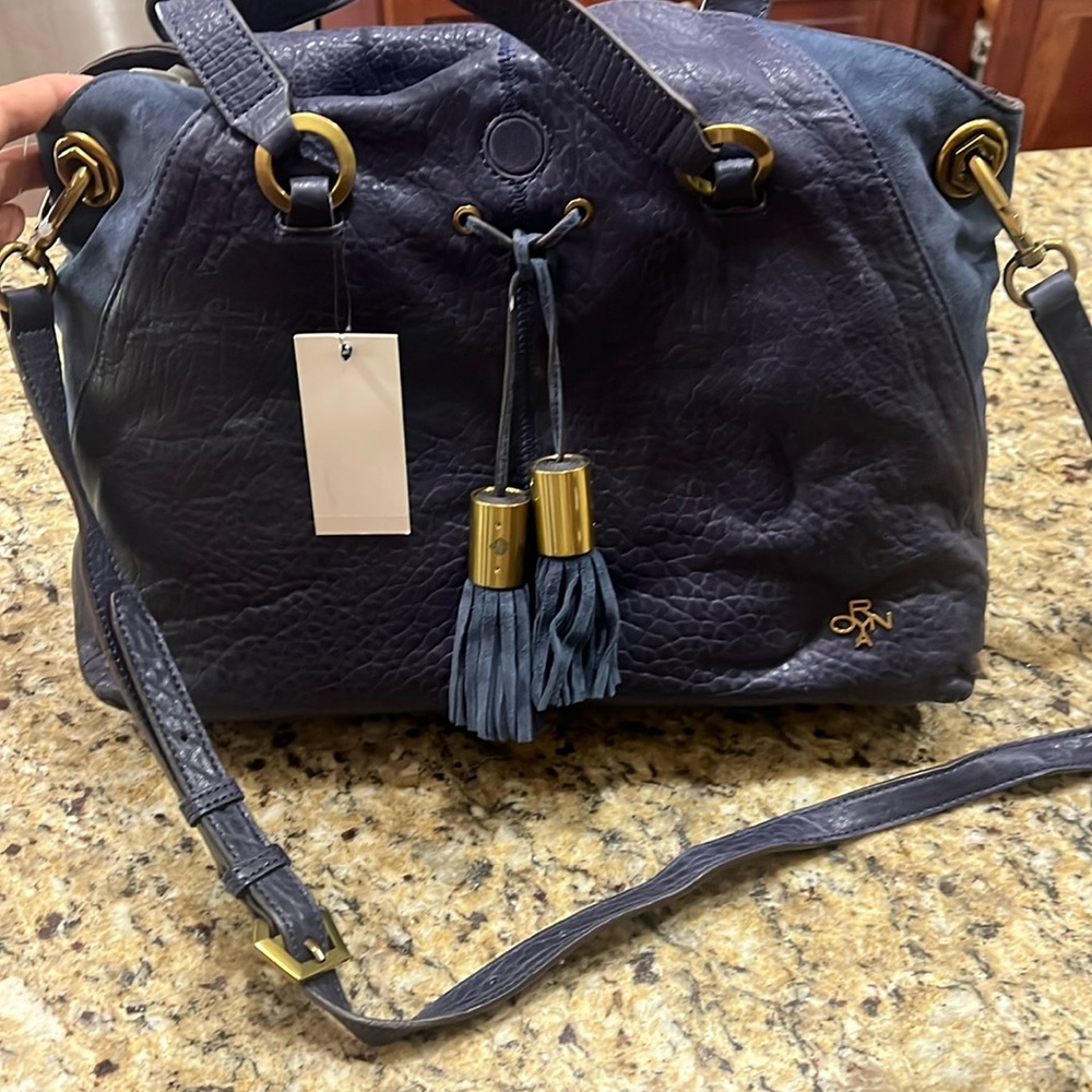 orYANY Navy Leather and Suede Satchel NWT